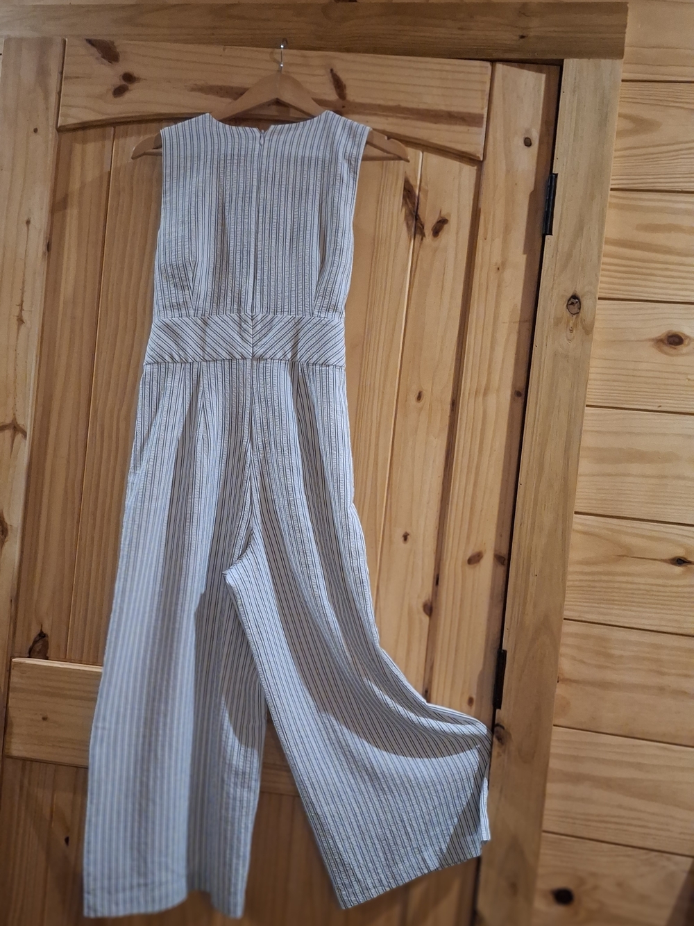 Calvin Klein Striped V-Neck Tie-Waist Cropped Jumpsuit in Beige and White - Picture 3 of 16